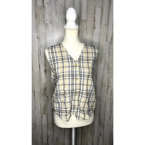 Vintage‎ Silk Exchange Plaid Vest Women's Medium Cream/Blue Button-Up Vest